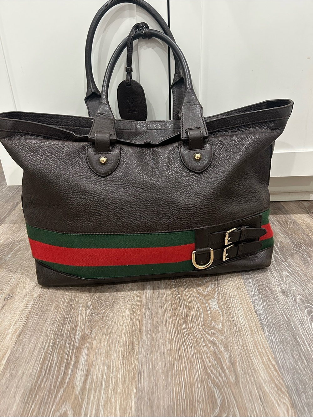 GUCCI Brown Pebbled Leather Vintage Web stripe Medium Tote Bag